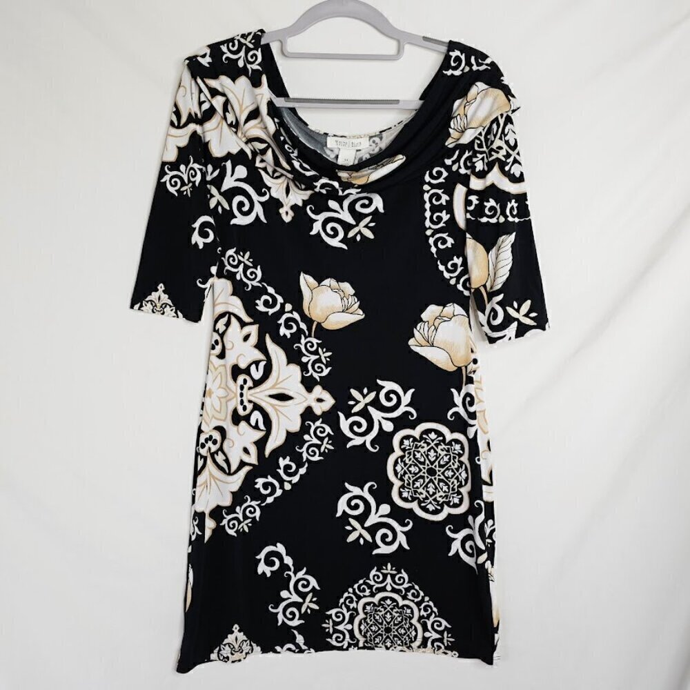 WHITE HOUSE BLACK MARKET Dress size XS BLACK TAN WHITE FLORAL Art to Wear Retro - Picture 2 of 7